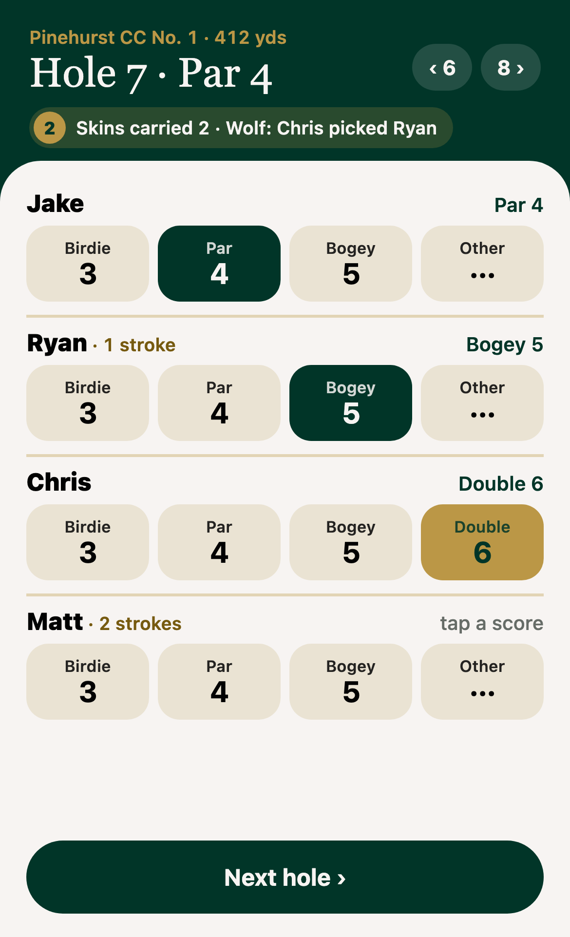 WTG score entry: Birdie, Par, Bogey and Other buttons for four demo golfers on one hole. Example screen with demo data.